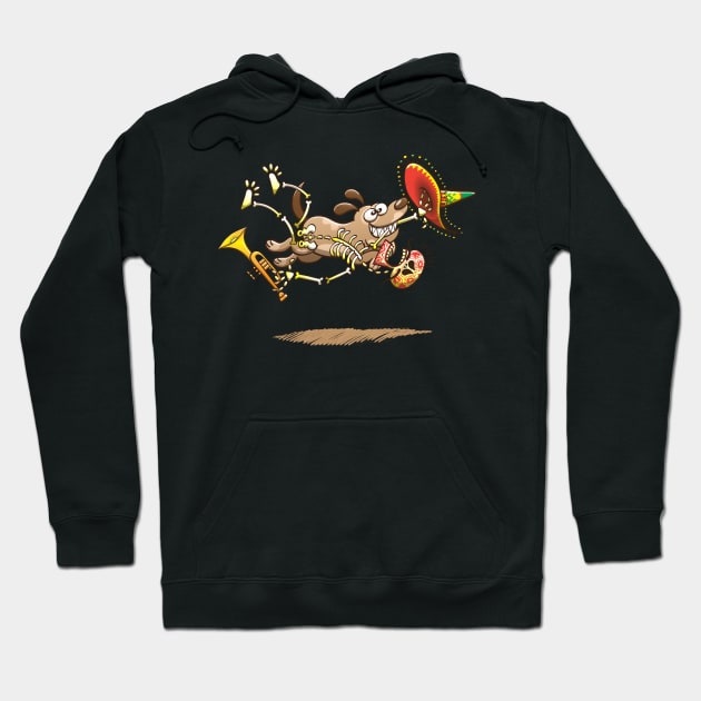 Mischievous dog stealing a tasty Mexican skeleton complete with big hat and trumpet Hoodie by zooco